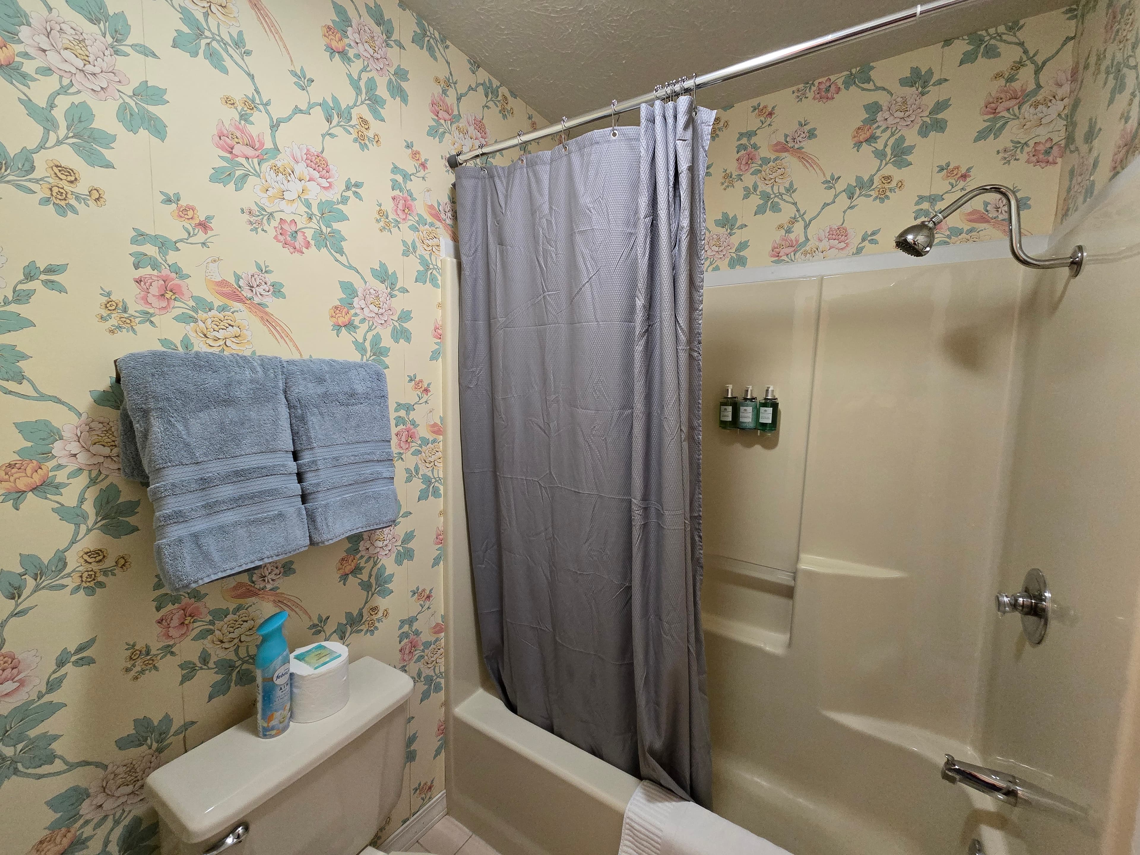 Small bathroom showing a tub/shower combination with a gray curtain, toilet, light blue towels, and bright floral wallpaper.