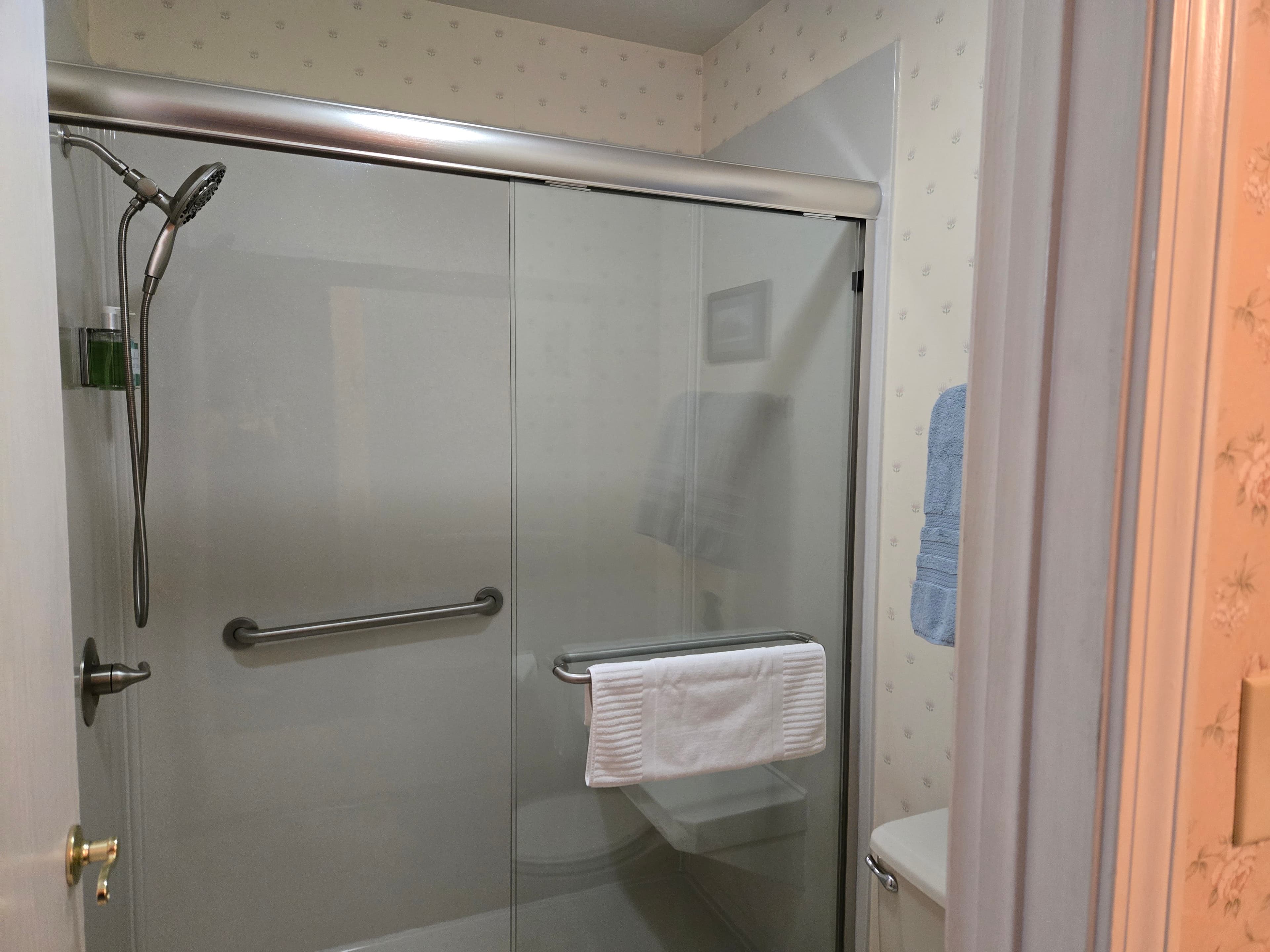 A modern bathroom featuring a walk-in shower with sliding glass doors, a hand-held showerhead, and a sturdy metal safety grab bar. A white towel hangs on the door handle next to a white toilet.