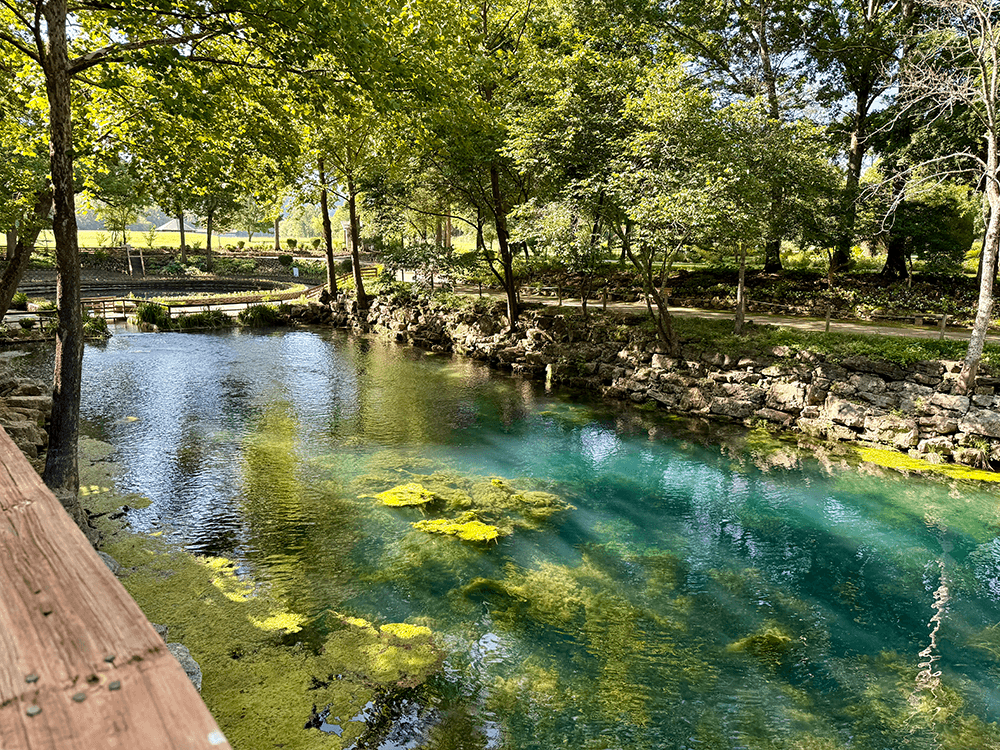 A serene, clear blue river flows through a lush green landscape, surrounded by trees and rocky banks.