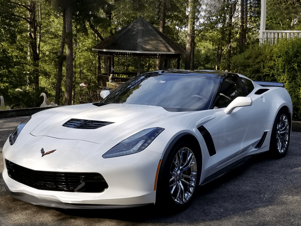 A sleek white sports car with black accents is parked on a sunlit driveway surrounded by lush trees and a gazebo, conveying elegance and power.
