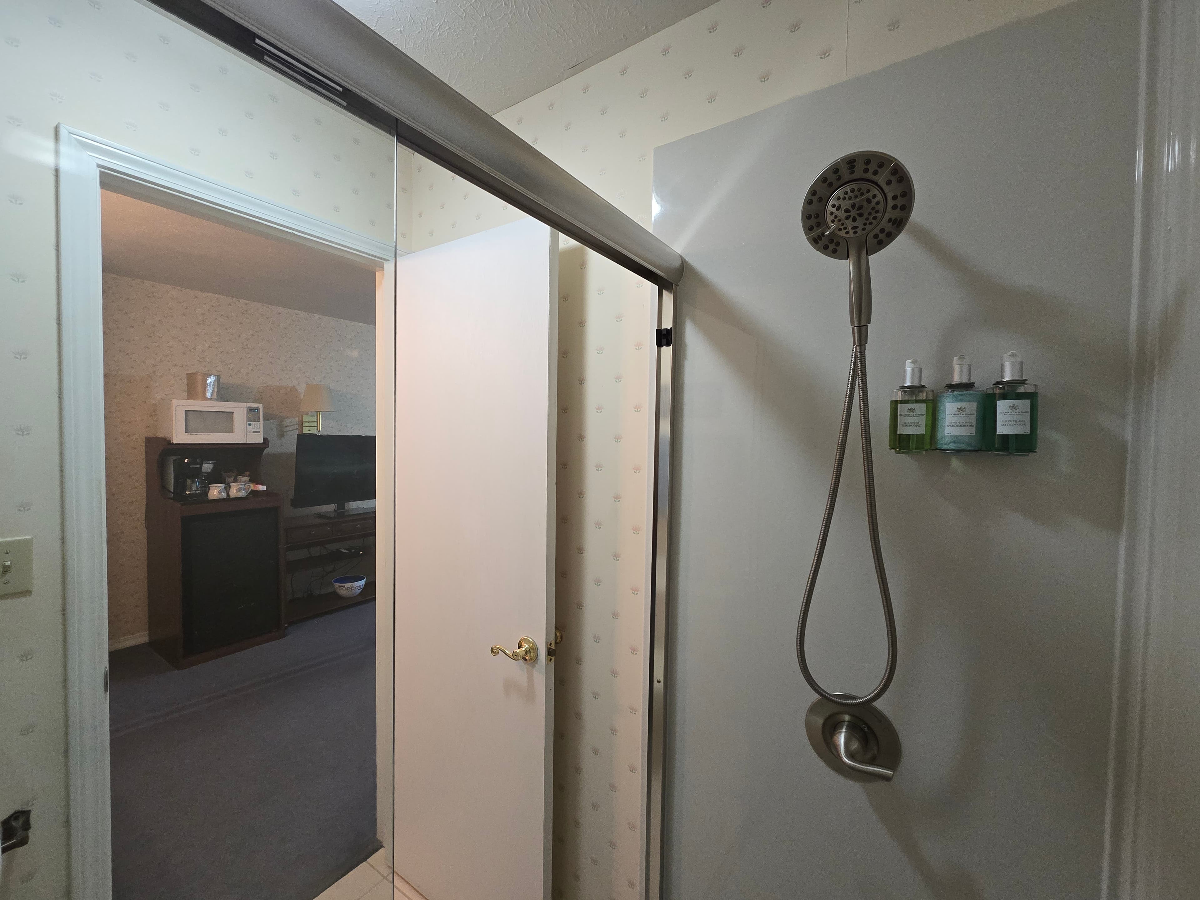 An interior view of a walk-in shower, featuring a large rainfall-style handheld showerhead, wall-mounted designer bath products, and a view through an open door into the suite's living area.
