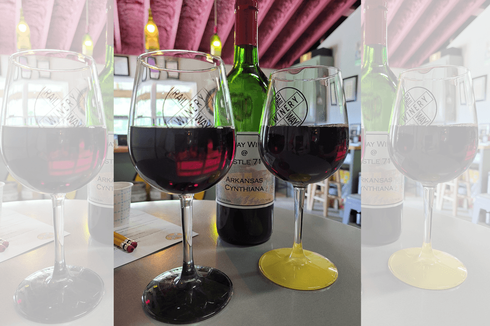 A bottle of red wine surrounded by two glasses, one with a black stem and the other with a yellow stem.
