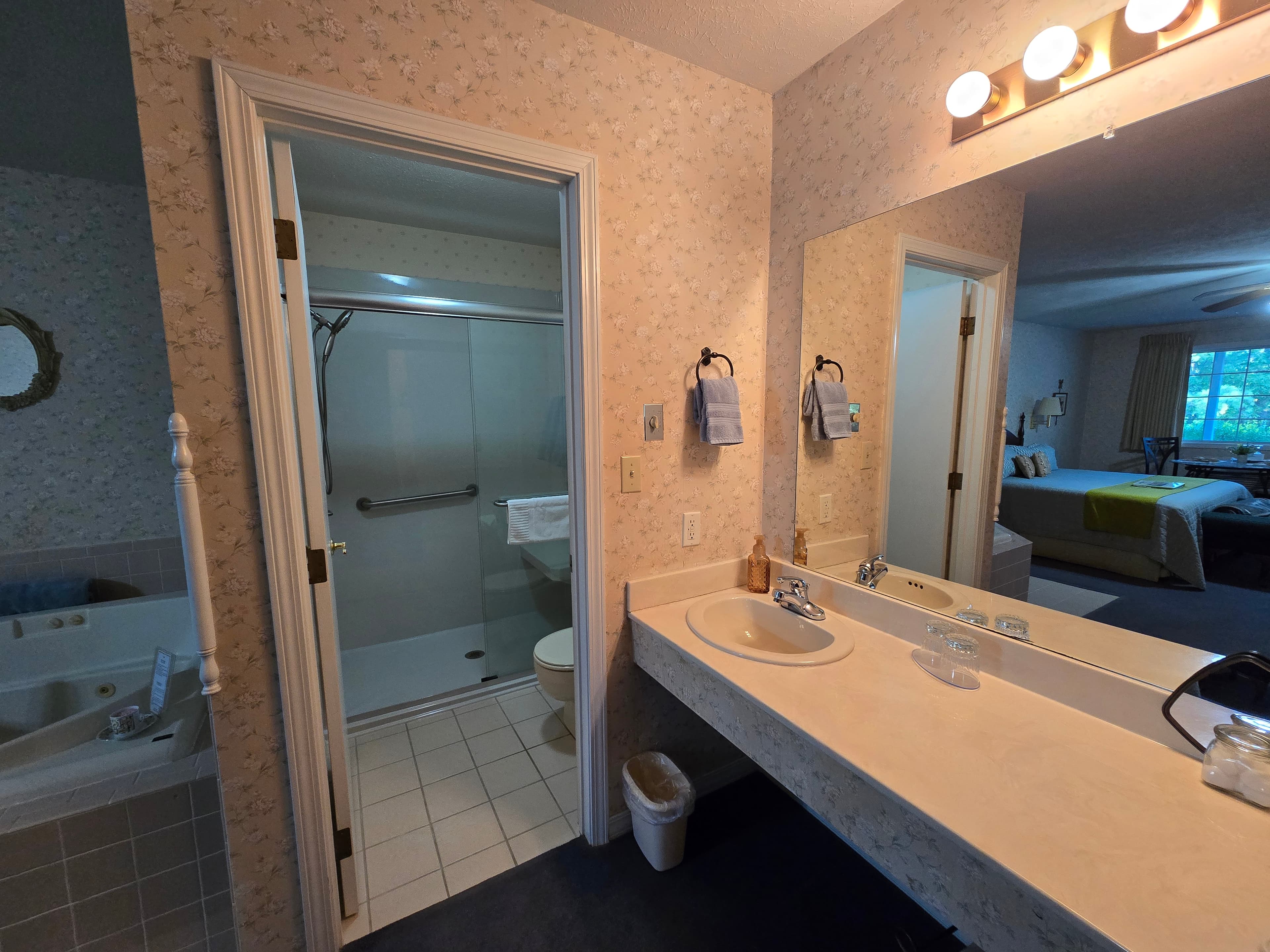 A bathroom vanity area with a large mirror reflecting the bedroom, a separate walk-in shower room, and a glimpse of the jetted tub to the left.
